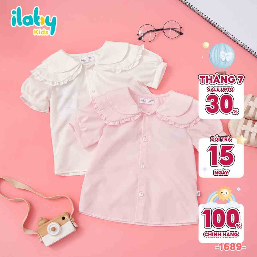 [Tăng 1 size với bảng size] Áo sơ mi bé gái ILABY đi học cổ 2 lớp tay bồng chất liệu thô cotton mềm mại[22IG1689C3SC]