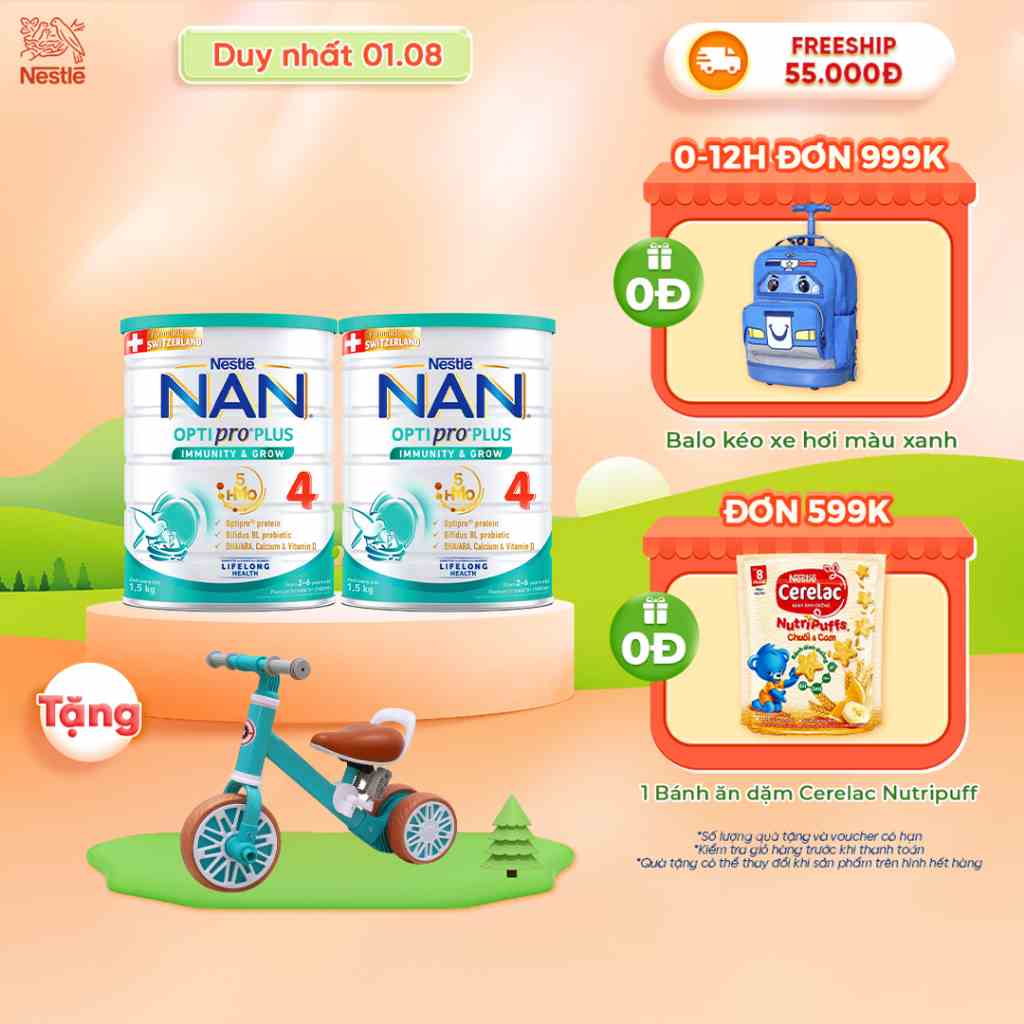 [Tặng Xe Chòi Chân cho bé] Combo 2 lon Sữa Bột Nestlé NAN OPTIPRO PLUS 4 1500g/lon với 5HMO