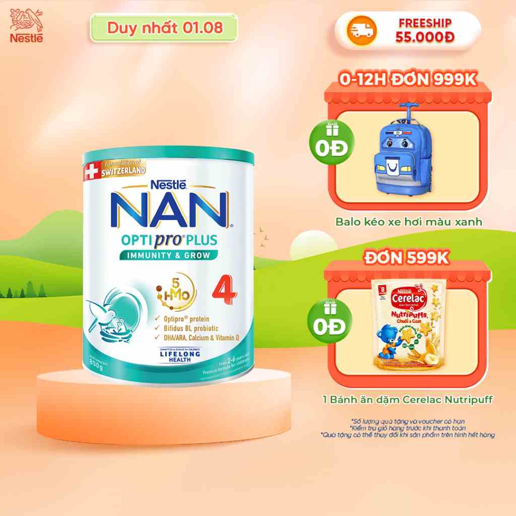 Sữa Bột Nestlé NAN OPTIPRO PLUS 4 850g/lon với 5HMO Hỗ trợ Đề Kháng - Tiêu Hóa - Trí Não & Chiều Cao