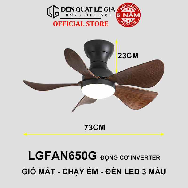 Quạt Trần Mini 5 Cánh LÊ GIA LGFAN650G - Chiều Cao 23cm - Sải Cánh 73cm - Bảo Hành 5 Năm