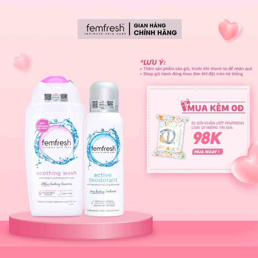 Combo Ngăn Ngừa Các Vấn Đề Phụ Khoa, DDVS Femfresh Soothing Wash & Xịt Thơm Mát Femfresh Deodorant Spray 125ml