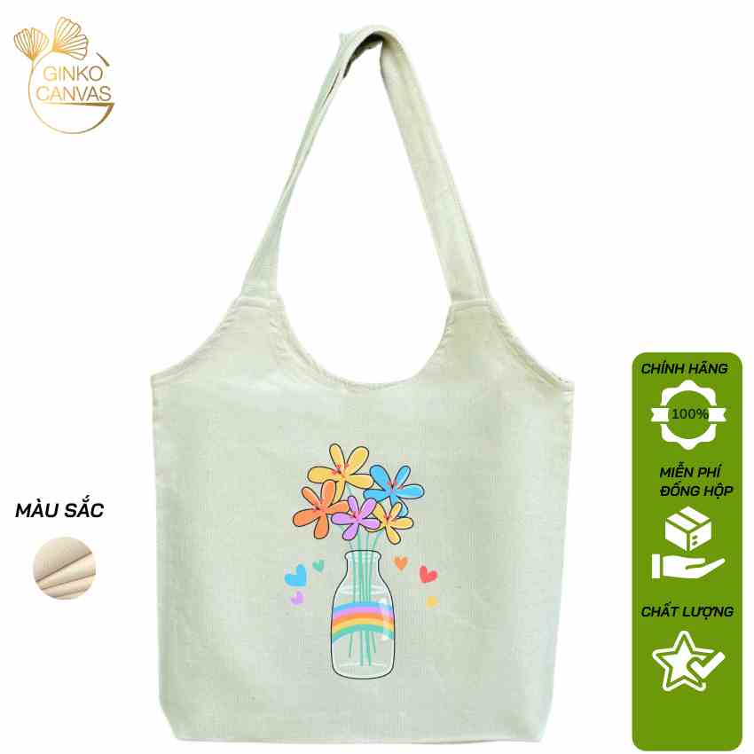 Túi Tote Đeo Vai Vải Mộc GINKO Có Khóa Kéo Miệng Túi In Hình Bình Cắm Hoa (KT 36X38) GK54