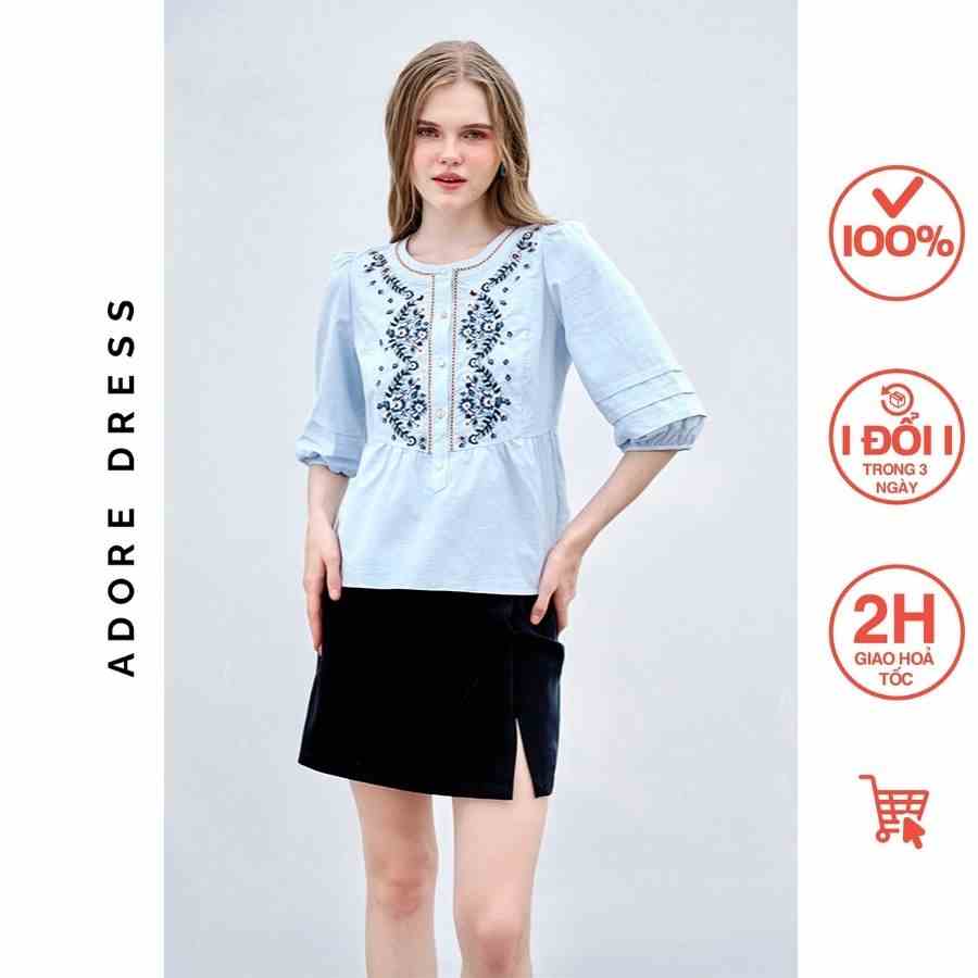 Áo sơ mi Tops casual style đũi trơn xanh thiên thanh thêu 311TO1027  ADORE DRESS