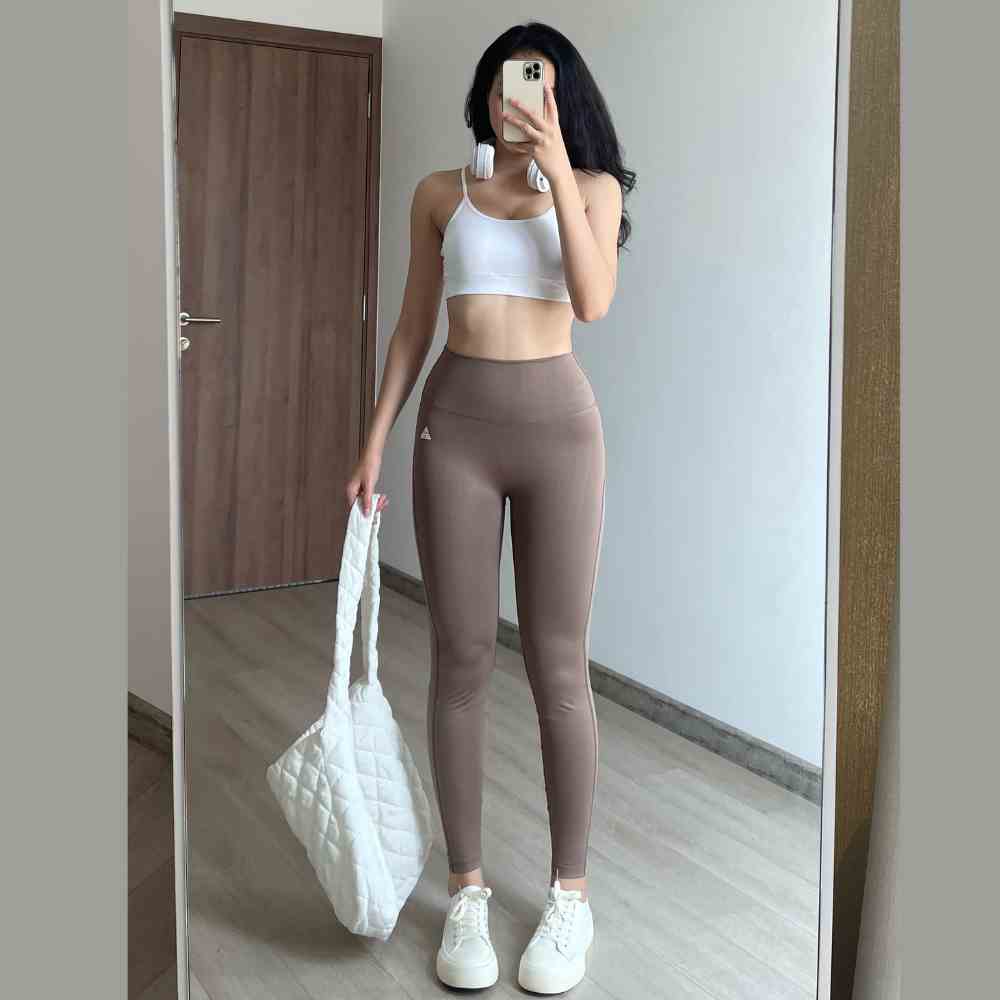 Bộ đồ tập gym yoga Fitme áo bra thể thao Theta trắng, quần legging zeta be