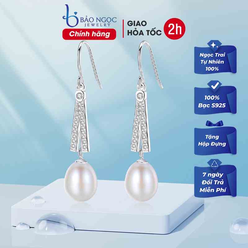 Bông tai bạc nữ 925 đính ngọc trai thật tự nhiên hạt 8 mm cao cấp - B2346 - Bảo Ngọc Jewelry