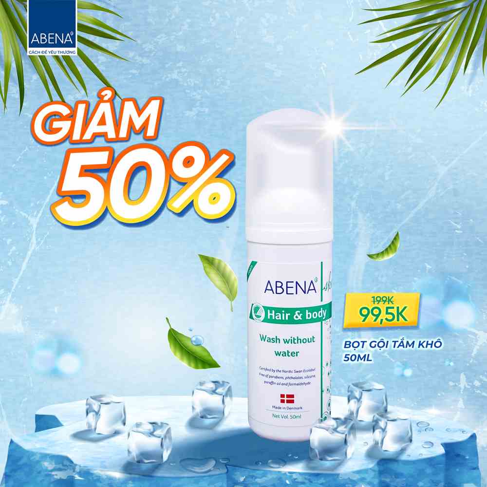 Bọt dầu gội tắm khô Abena làm sạch dịu nhẹ an toàn cho da - Nhập Khẩu Đan Mạch chai 50ML date T9/2023