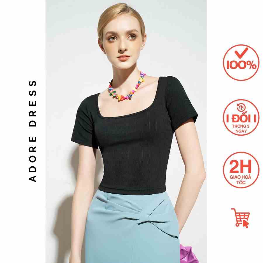 Ao thun Cropped T-shirts thun tăm trơn đen cổ U 313TS3008 ADORE DRESS