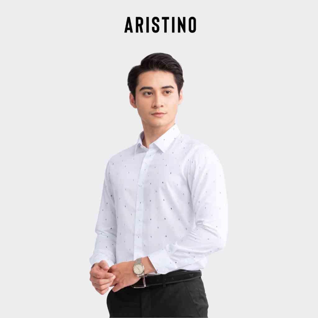 Áo sơ mi nam dài tay ARISTINO phom Slim Fit màu trắng in chữ tinh tế, ấn tượng - ALS22502