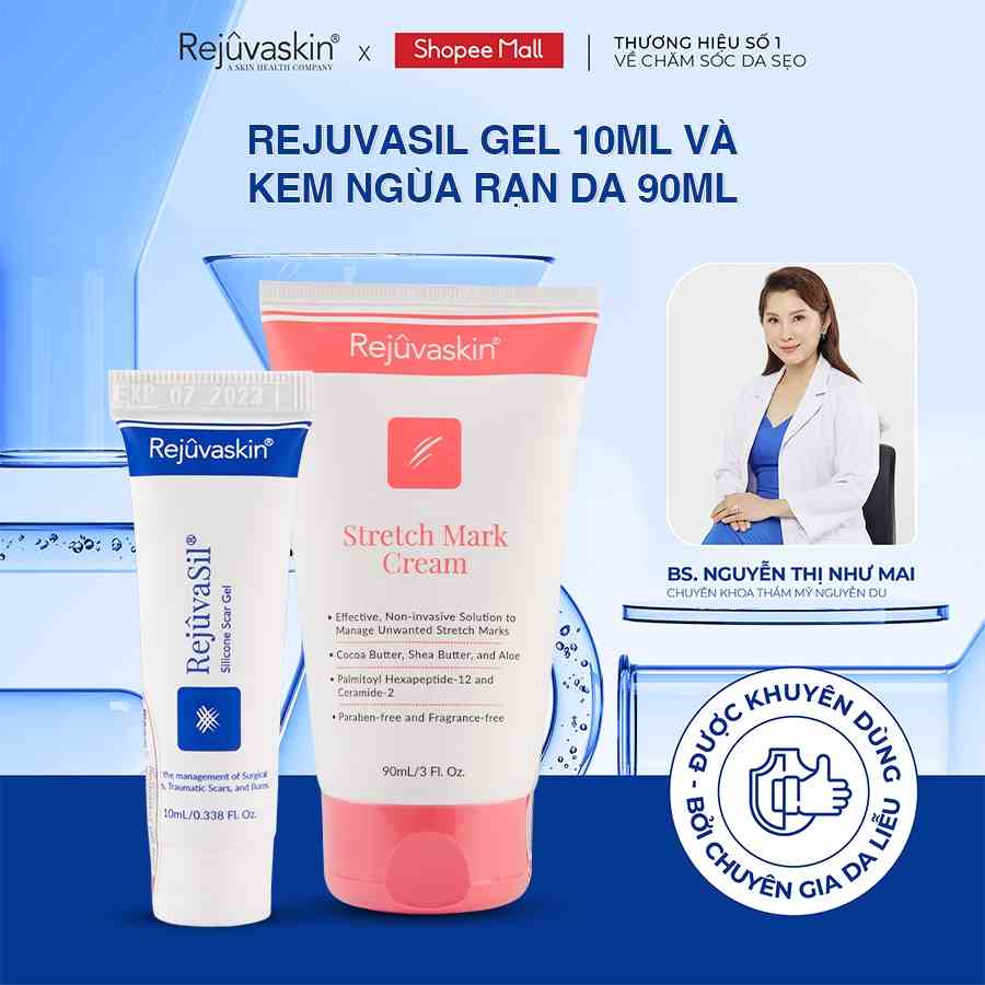 Combo Rejuvaskin gel làm xẹp sẹo Rejuvasil 10ml và kem làm mờ vết rạn da Stretch Mark Cream 90ml - DH Beauty