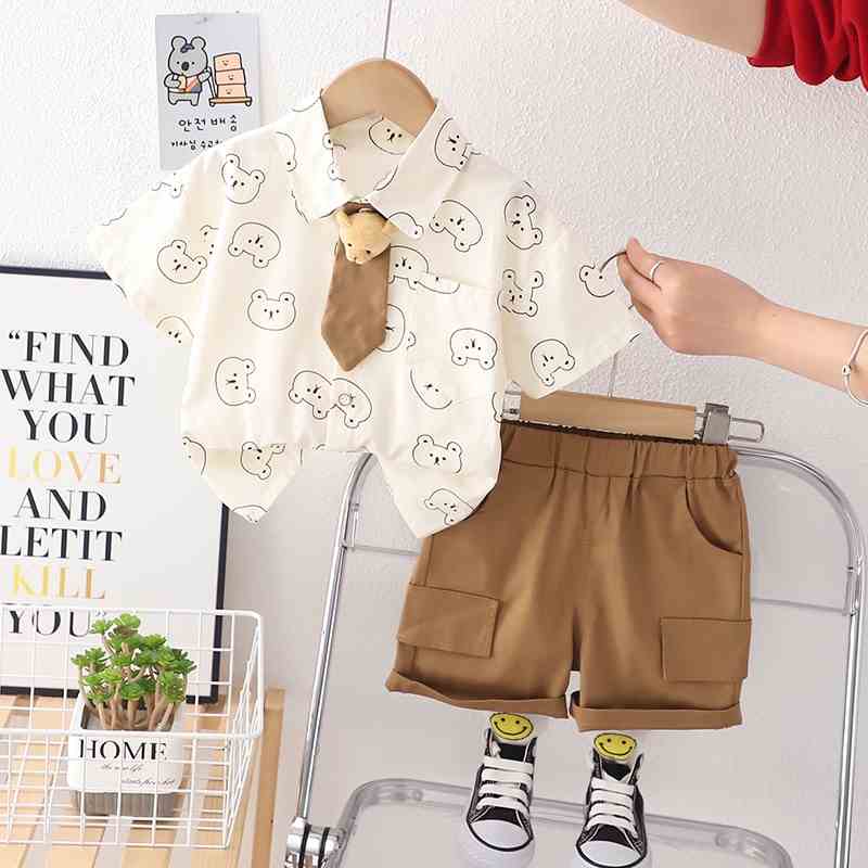 Áo sơ mi tay ngắn mùa hè và quần đùi cho bé trai từ 1-5 tuổi kèm cà vạt đính gấu MINTSCLOSET Mints Closet - TN3218