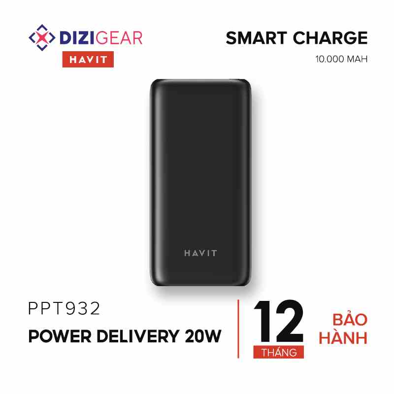 Pin Sạc Dự Phòng HAVIT PPT932 10.000 mAh, 2 Cổng Sạc Tiện Lợi, Sạc Nhanh Type C 20W, Kiểu Dáng Gọn Nhẹ - Hàng Chính Hãng