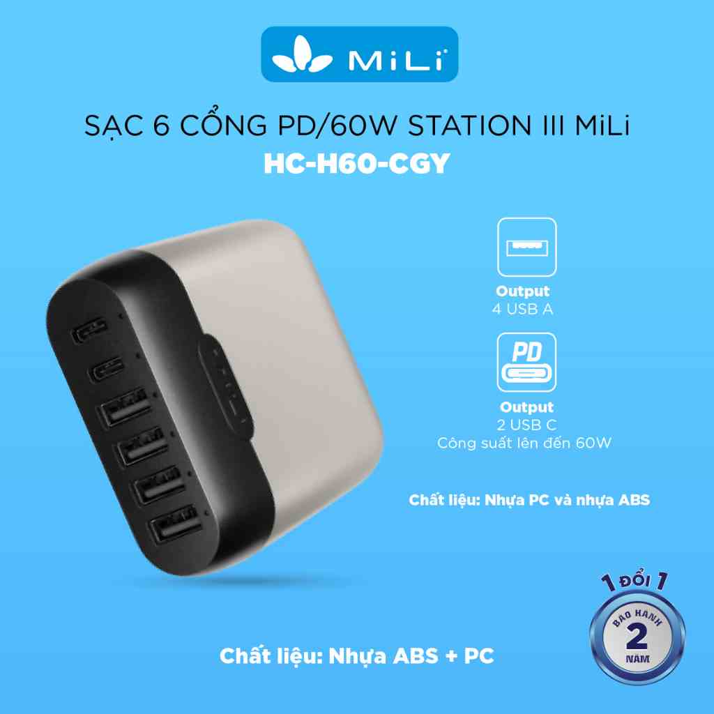 [Mã BMLTB35 giảm đến 35K đơn 99K] Sạc 6 cổng PD/60W Station III MiLi - HC-H60-C hỗ trợ sạc nhanh