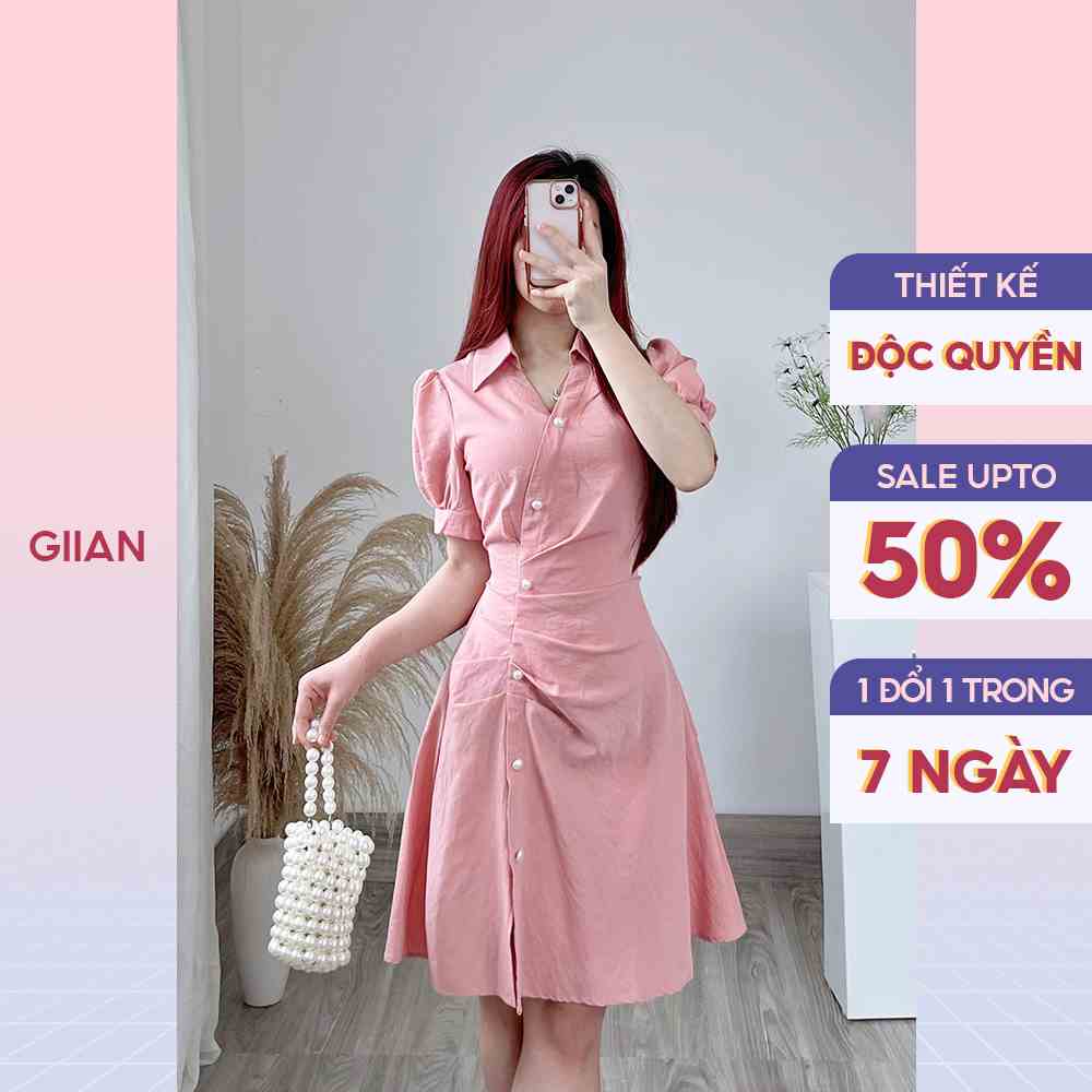 Váy sơ mi thắt eo hồng phối xẻ tà đính ngọc cách điệu thiết kế tay bồng điểm nhấn thương hiệu Giian -GV2313H