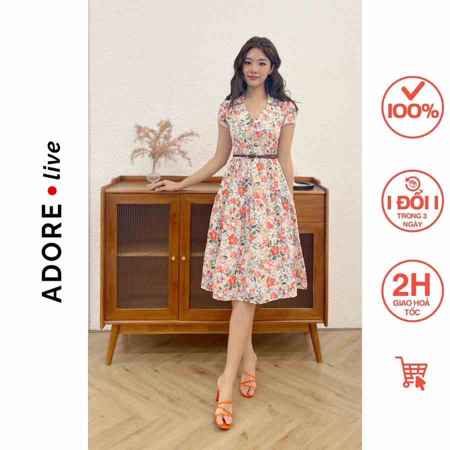 Đầm Midi dresses lụa hoa nhỡ cam cổ peter pan nối  tầng 321DR2046 ADORE DRESS