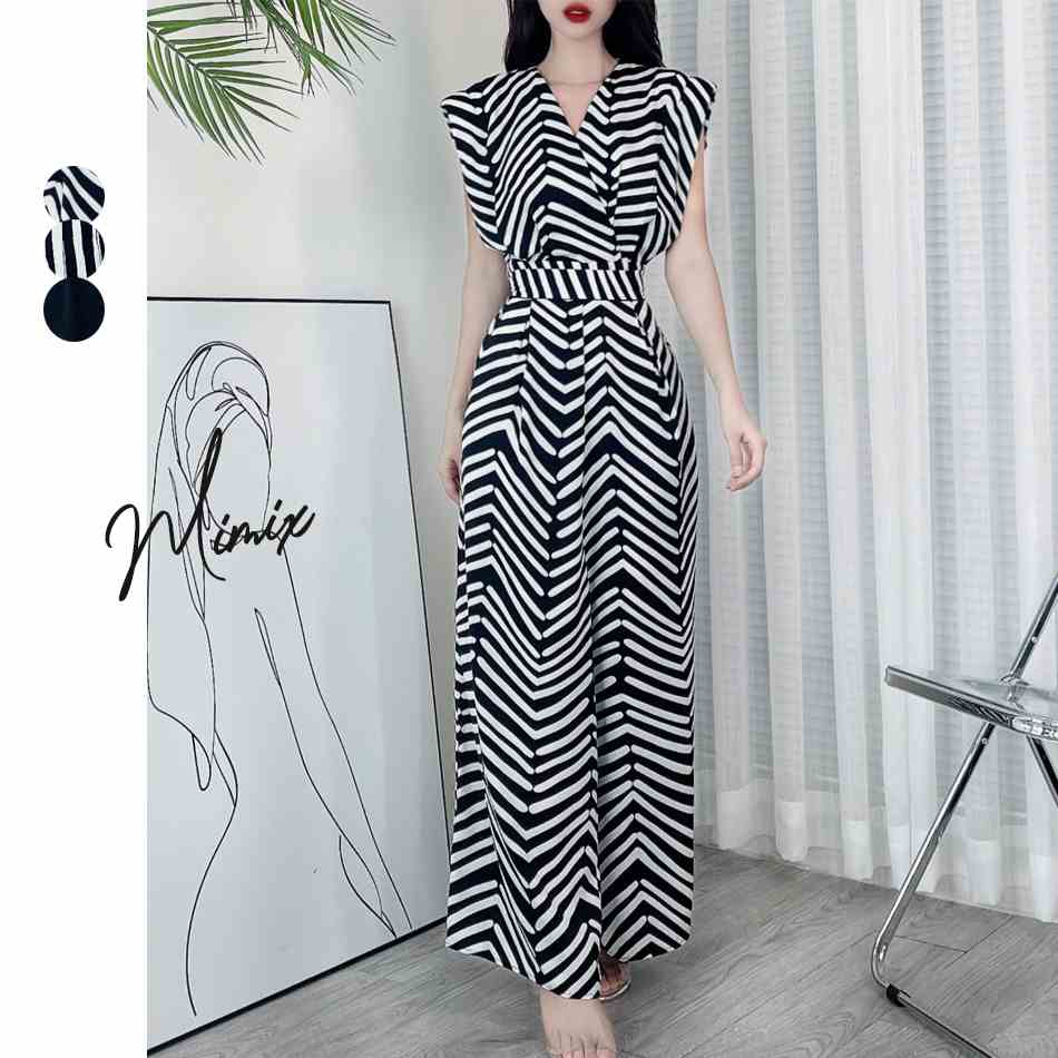 Jumpsuit nữ họa tiết sọc cổ V sang trọng giá tốt MIMIX DC9200