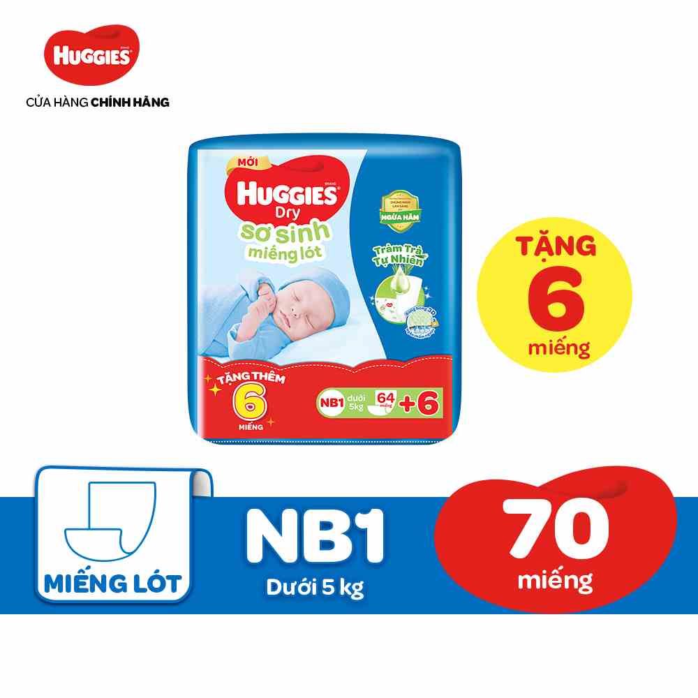 [HUGFEB15] Miếng lót sơ sinh NB1 Huggies Dry Tràm Trà Tự Nhiên 64 miếng + 6 miếng