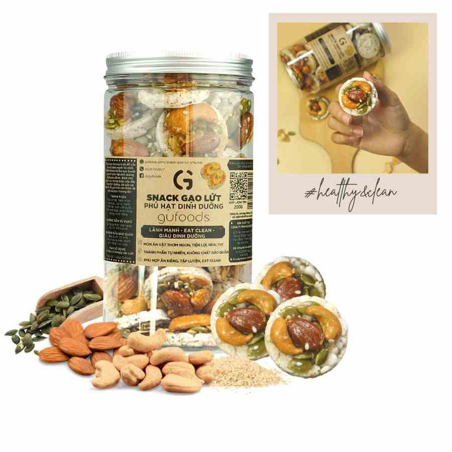 Snack gạo lứt phủ granola siêu hạt GUfoods (200g) - Ăn vặt healthy, Hỗ trợ giảm cân, Ăn kiêng, Eat clean, Thuần chay