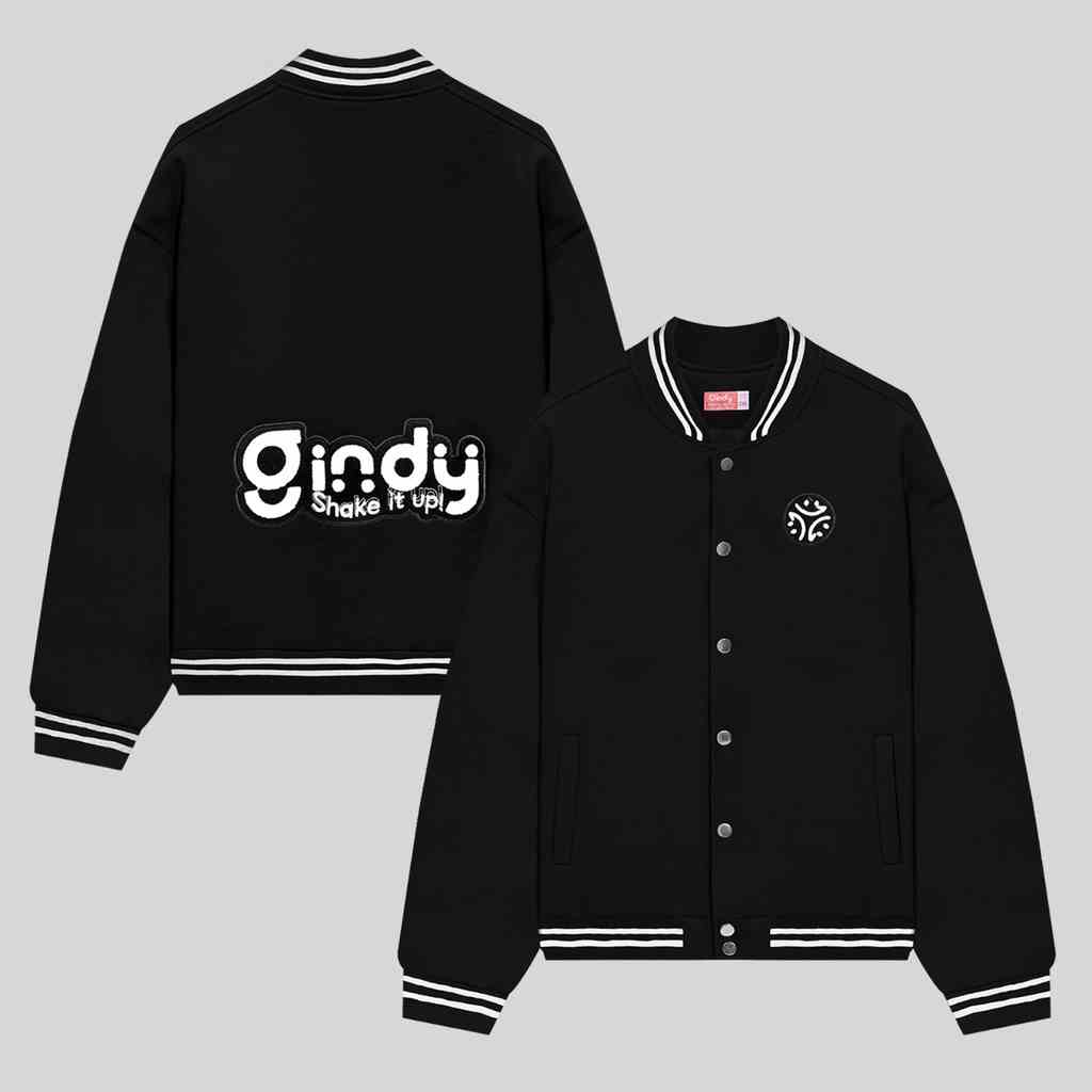 Áo khoác varsity bomber GINDY unisex chất dạ 2 lớp sang trọng cao cấp dài tay màu đen thời trang thu đông A090