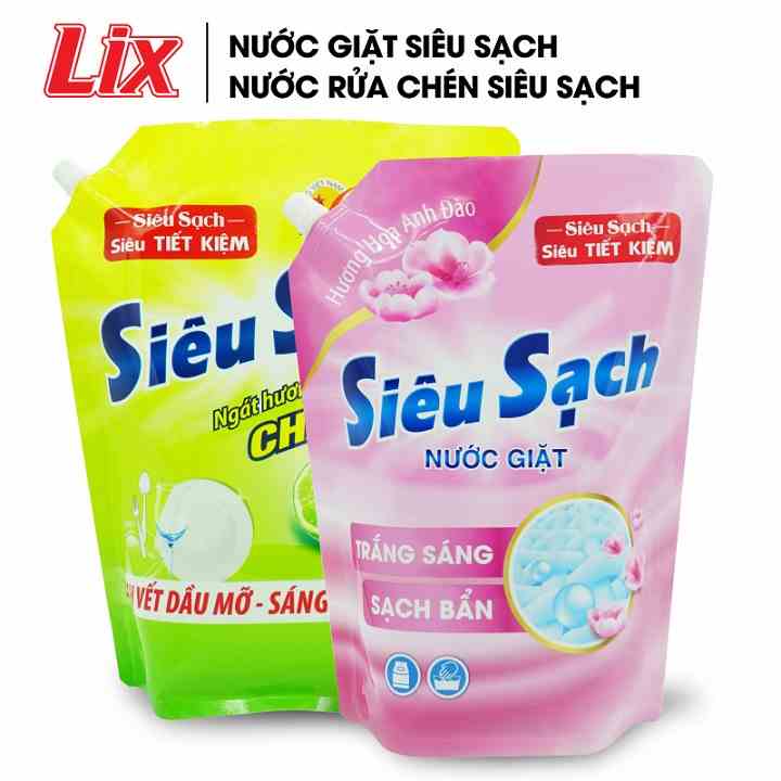 COMBO 69 gồm Túi nước giặt LIX siêu sạch hoa anh đào 2.4kg N2502 + Túi nước rửa chén LIX siêu sạch chanh 3.5kg N4301