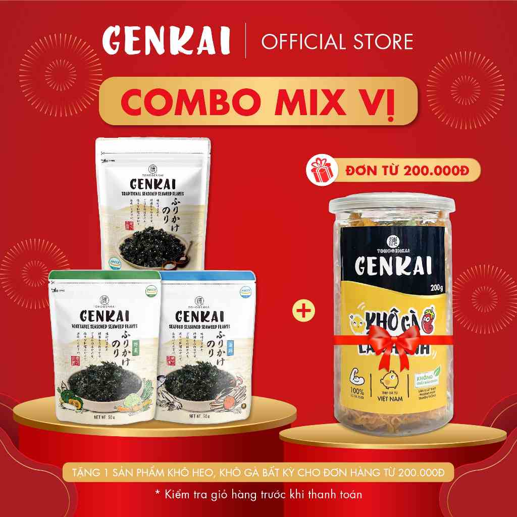 [Combo Mix Vị] 3 Gói Rong Biển Trộn Cơm GENKAI - Truyền Thống 40g - Rau Củ 50g - Hải Sản 50g