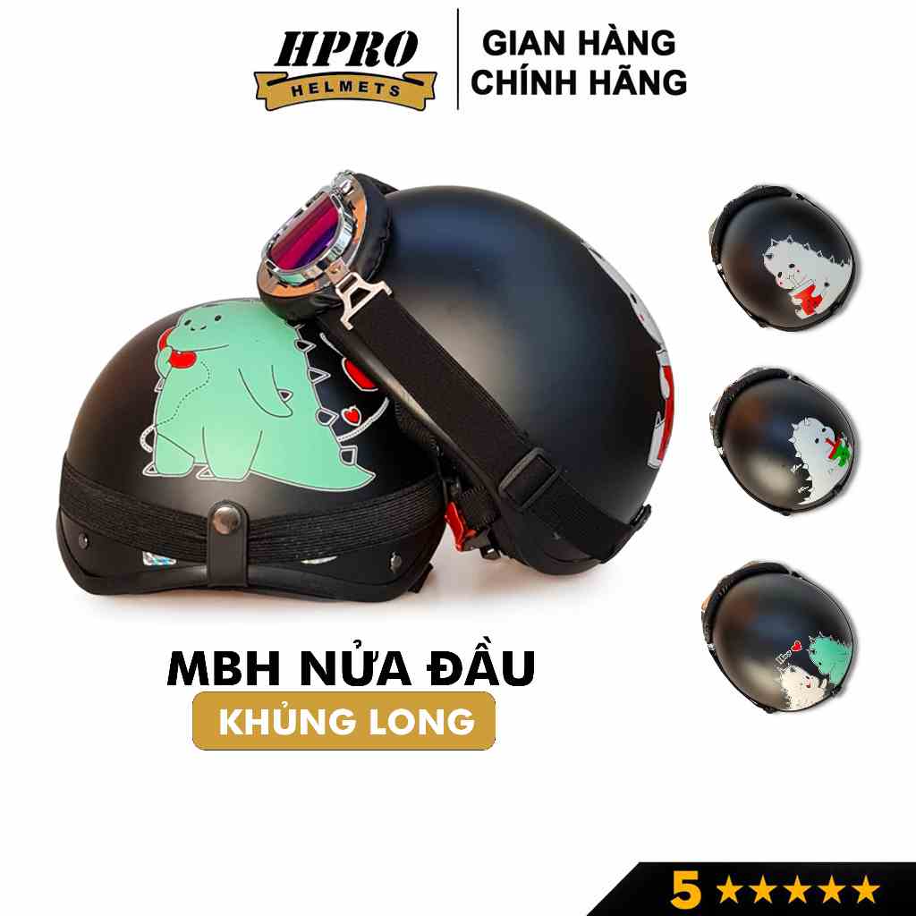 Mũ bảo hiểm xe máy Hpro Helmet thời trang, họa tiết Khủng Long cute, kiểu dáng nửa đầu 1/2 Freesize (55-59cm)