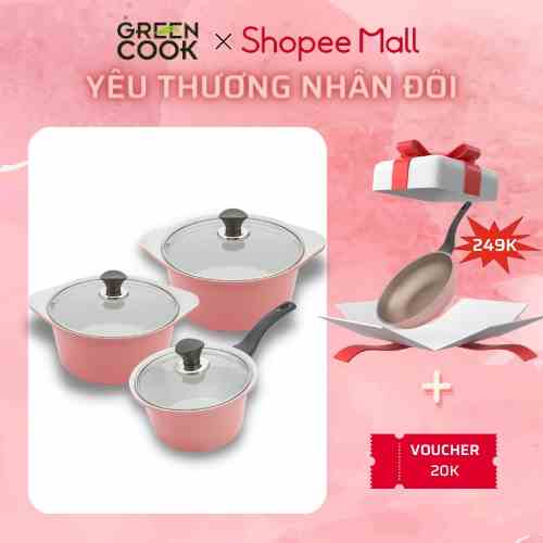 [ MUA BỘ NỒI TẶNG CHẢO 20CM 0đ ] Bộ 3 nồi đúc ceramic hồng 18-20-24CM Green Cook GCS02 dùng được các loại bếp .