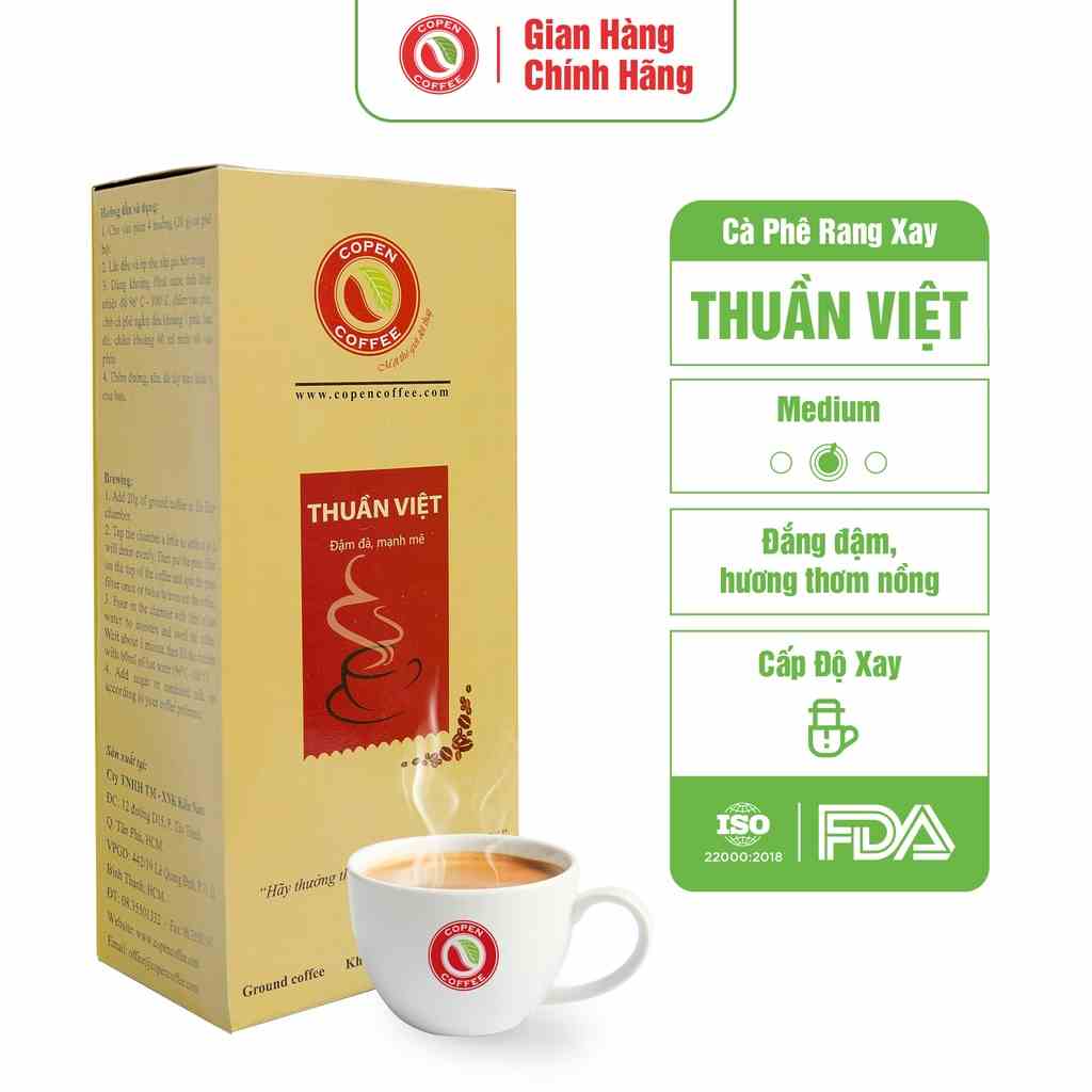 Cà phê rang xay truyền thống pha phin Thuần Việt -Copen Coffee - Vị đắng đậm đà dành cho pha phin - Hộp 500g