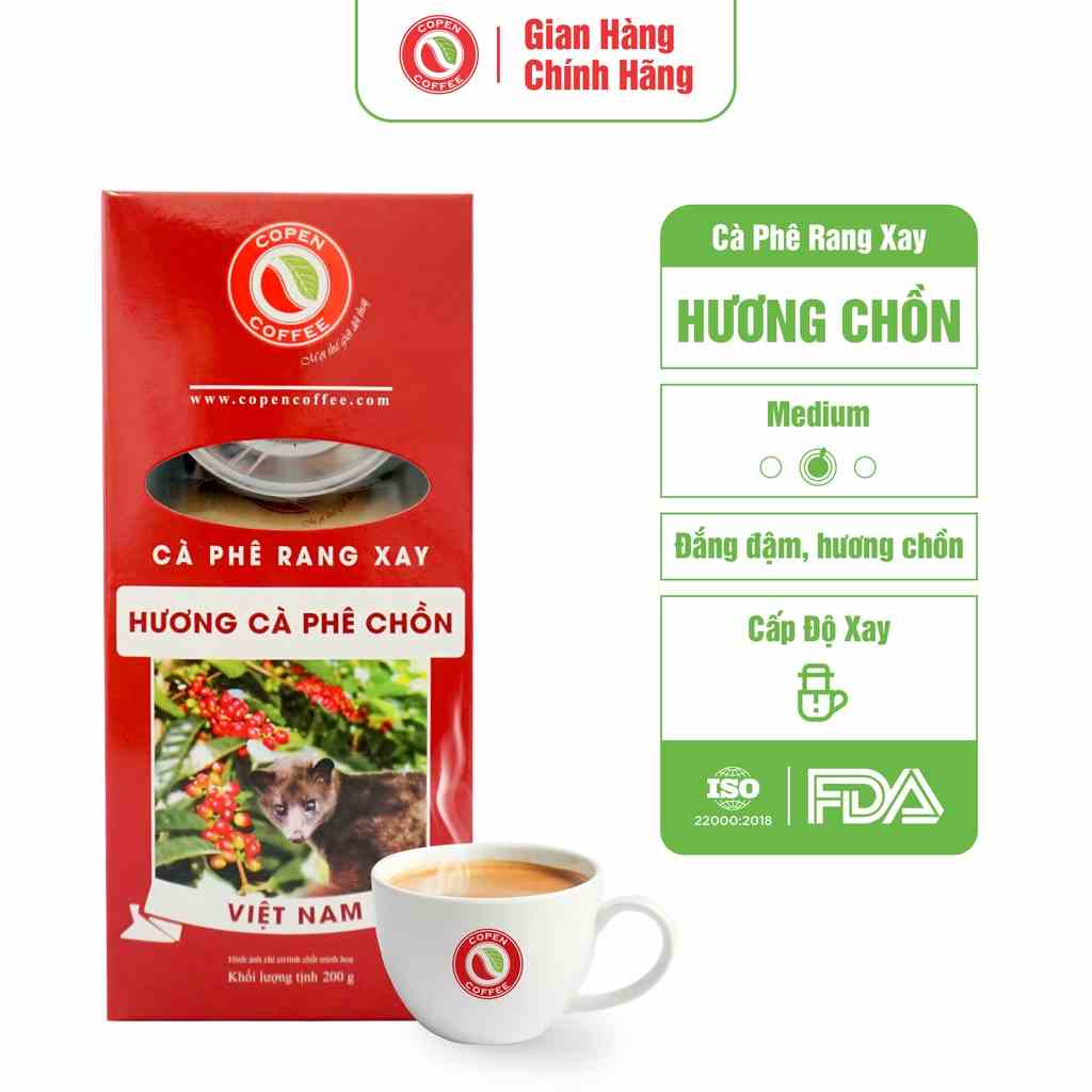 Hộp cà phê rang xay hương cà phê chồn - Copen Coffee - nguyên chất, tặng kèm phin inox -Hộp 200g