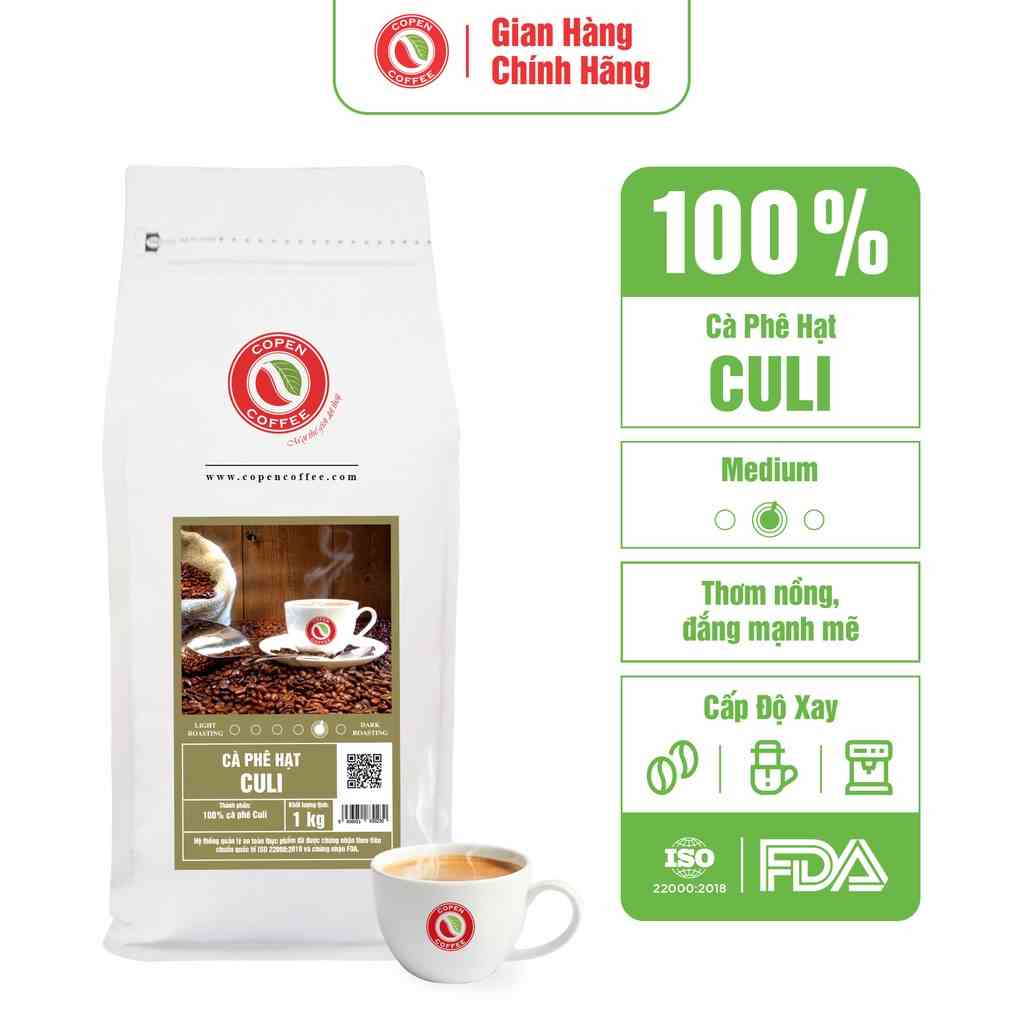 Cà phê hạt nguyên chất Culi rang mộc - Copen Coffee - Hương vị đắng đậm, thơm nồng, hậu vị sâu - Gói 1KG