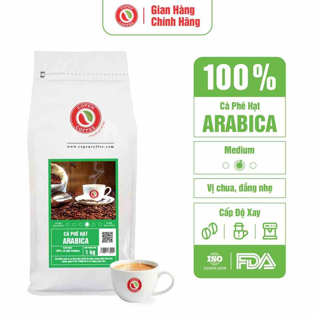 Cà phê hạt Arabica - Copen Coffee - Rang mộc nguyên chất - Dành cho pha phin - Hương vị đắng nhẹ, ít chua - Gói 1KG