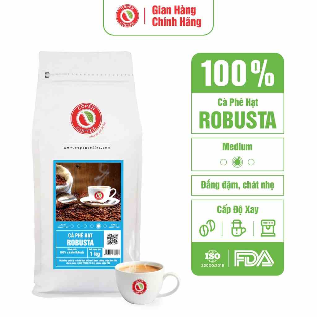 Cà phê hạt Robusta rang mộc nguyênc chất - Copen Coffee - Vị Đậm đà, Hậu Vị Sâu - Gói 1KG