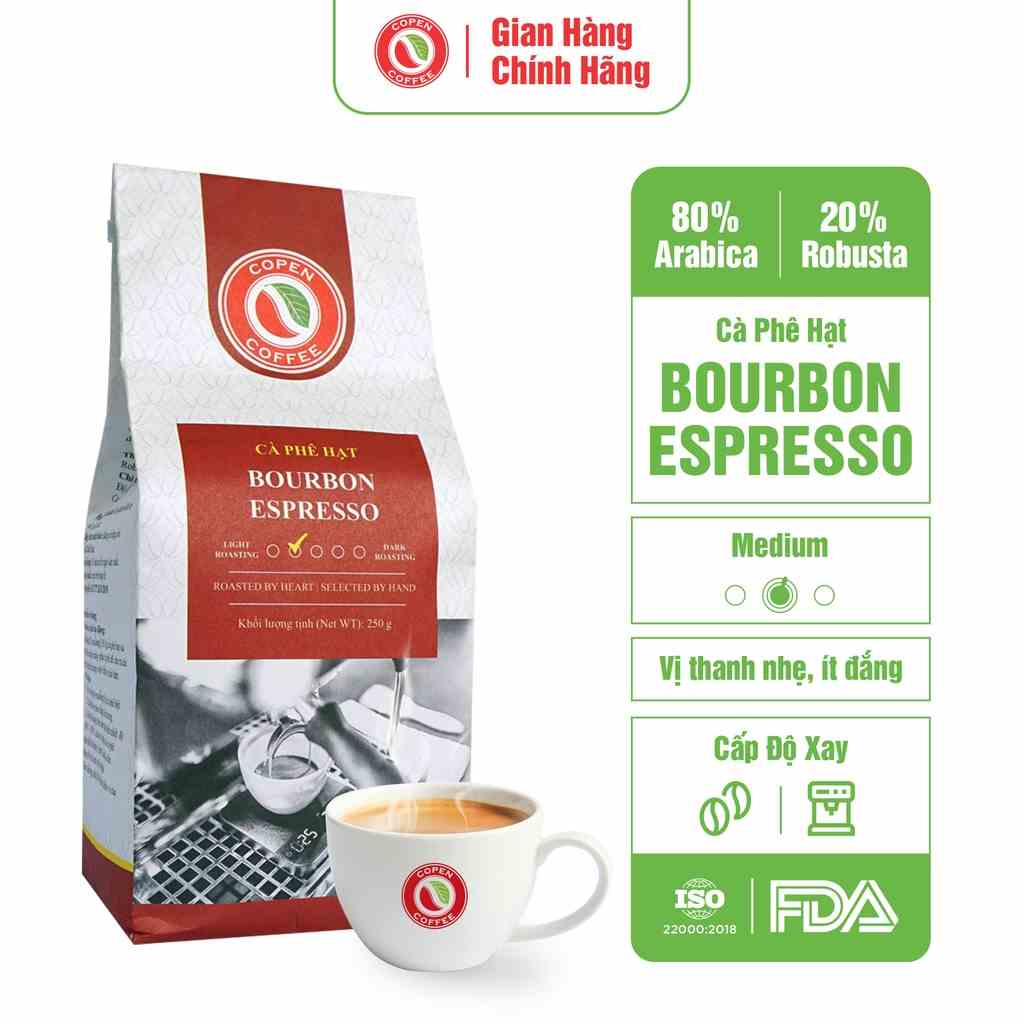 Cà phê hạt Bourbon Espresso - Copen Coffee - Cà phê pha máy nguyên chất, rang mộc, đắng nhẹ, chua thanh, thơm dịu - 250g