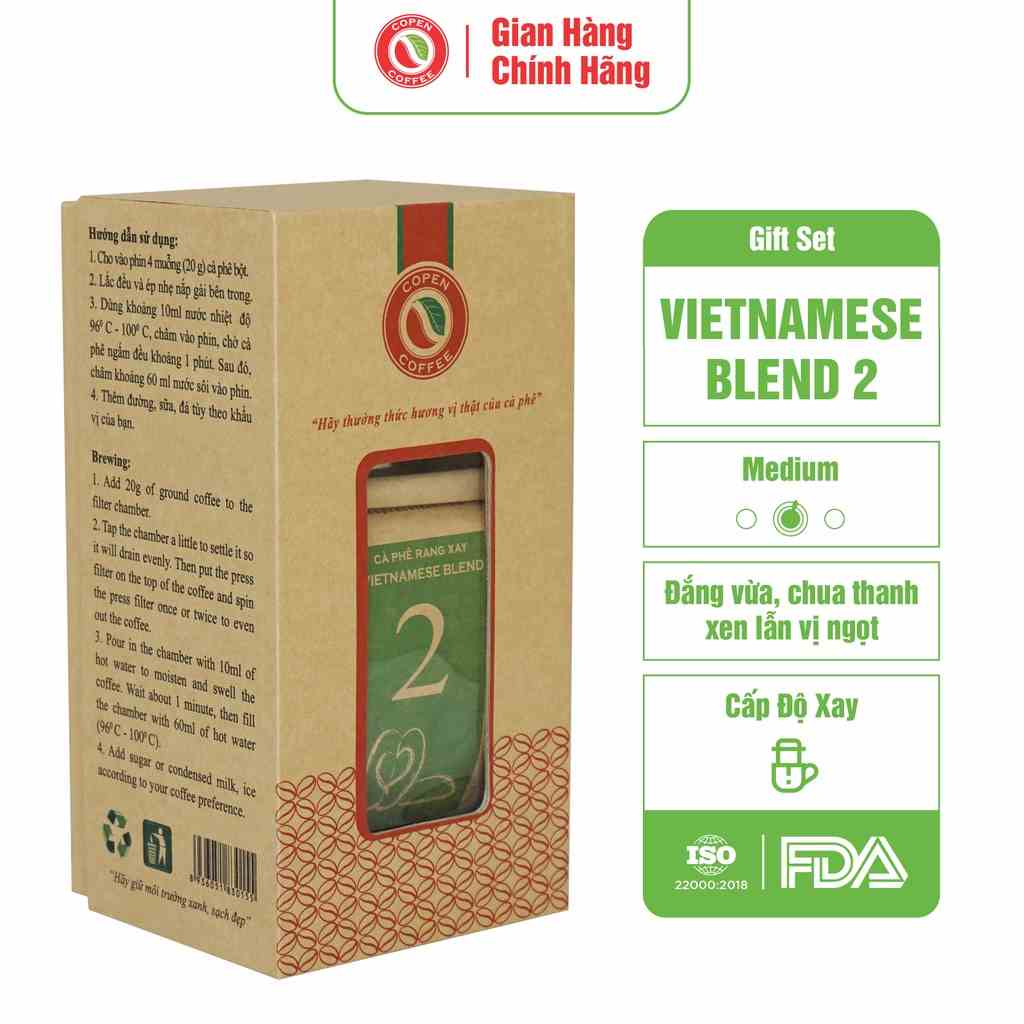 Hộp quà tặng Cà Phê Vietnamese Blend 2 Copen Coffee 250g tặng phin inox cao cấp_ đắng vừa, chua thanh, hậu vị sâu