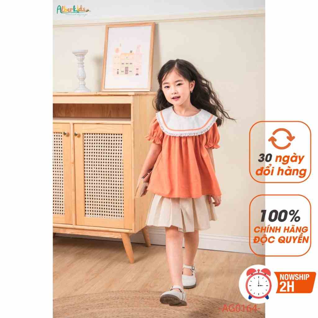 Áo sơ mi cho bé gái ALBER KIDS cam phối cổ trắng công chúa xinh đẹp cho trẻ em 2,3,4,5,6,7,8,9,10,11,12 tuổi AG0164