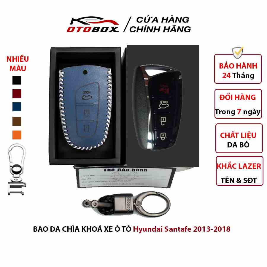 Bao da chìa khóa ô tô santafe 2013-2018 3 nút bầm chính hàng otobox, bảo hành 2 năm, khắc tên và số điện thoại