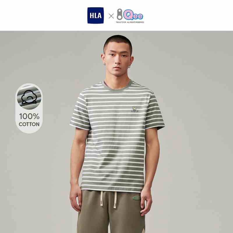 HLA x Qee - Áo thun nam ngắn tay sọc ngang 100% cotton Qee pattern short sleeves cotton T-shirt