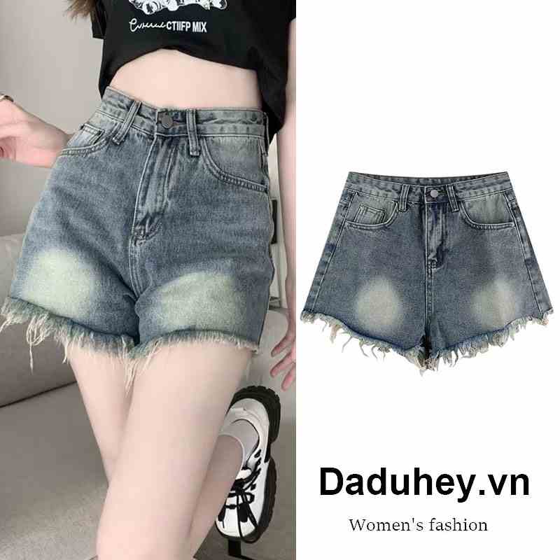 Quần short jean DADUHEY vải denim lưng cao viền thô thời trang phong cách Hàn Quốc