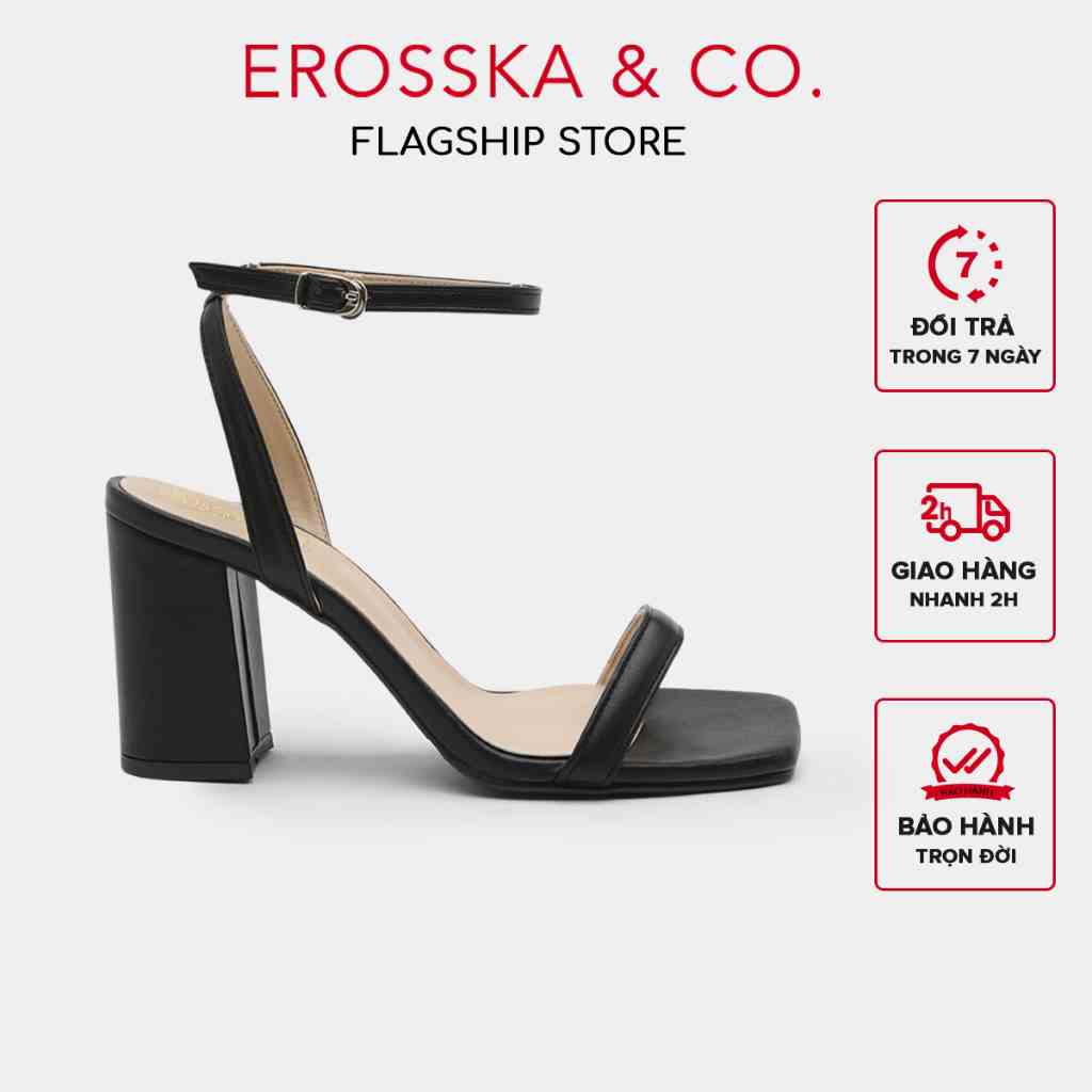 Erosska - Giày sandal cao gót nữ mũi vuông phối dây quai mảnh kiểu dáng cơ bản cao 7cm màu đen - EB061