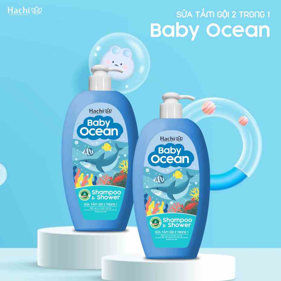 Sữa tắm gội 2 trong 1 Hachi baby ocean Shampoo ngăn ngừa vi khuẩn rôm sảy an toàn cho da và tóc không cay mắt -Chai Xanh