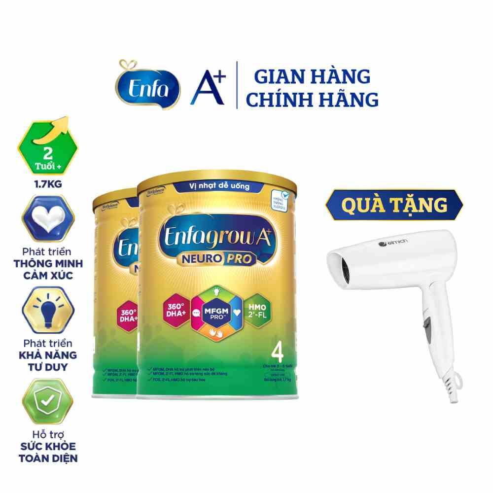 [Tặng máy sấy Elmich] Bộ 2 lon Sữa bột Enfagrow A+ Neuropro 4 - FL HMO Vị Nhạt Dễ Uống- 1.7kg/lon