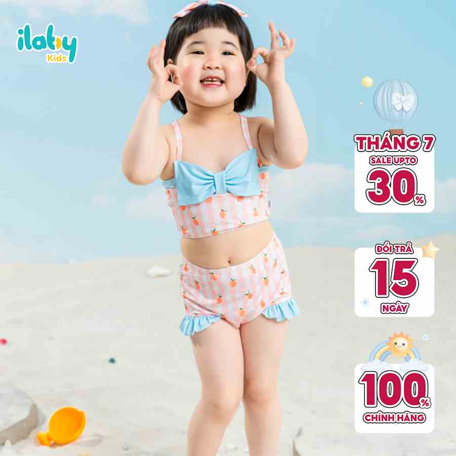 Set đồ bơi bé gái ILABY rời áo quần kẻ trái tim phối nơ chất liệu thun lạnh co dãn cho bé 8-28kg [70IG1621C3FT]