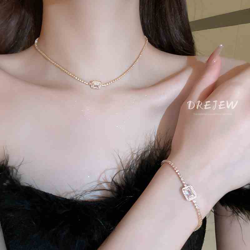 DREJEW Bộ Vòng cổ Bông Tai Vòng Tay Bằng Bạc Đính Đá Zircon Kiểu Hàn Quốc Chất Lượng Cao