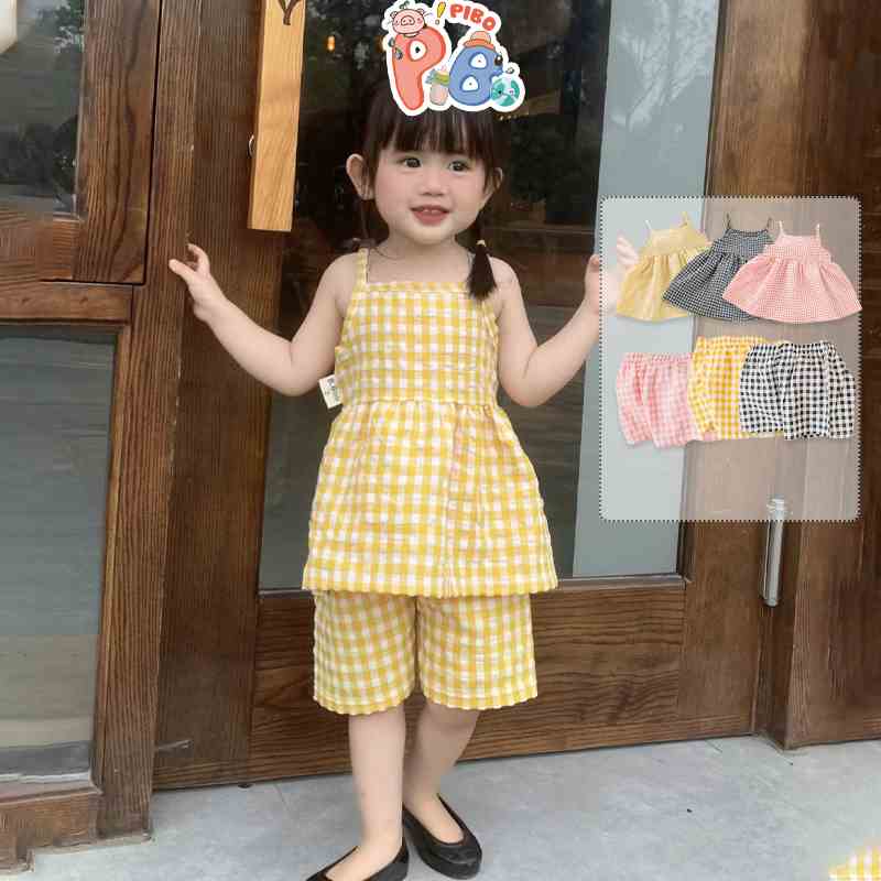 Bộ Quần Áo Bé Gái Áo Hai Dây Quần Đùi Kẻ Caro Chất Thô Đũi Mềm, Mỏng Nhẹ, Thoáng Mát - BabyBoo - Pibo