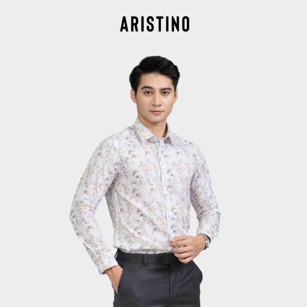 Áo sơ mi nam dài tay ARISTINO phom Slim Fit ôm vừa vặn, họa tiết sược trên nền trắng nổi bật, thanh lịch - ALS13102