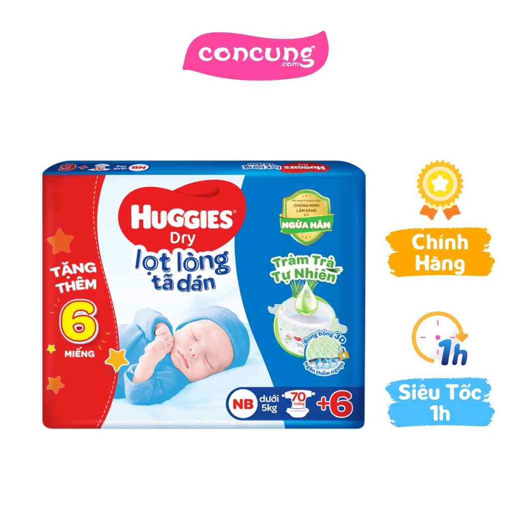 Tã dán sơ sinh Huggies (Newborn, dưới 5kg, 70 miếng) + 6 miếng