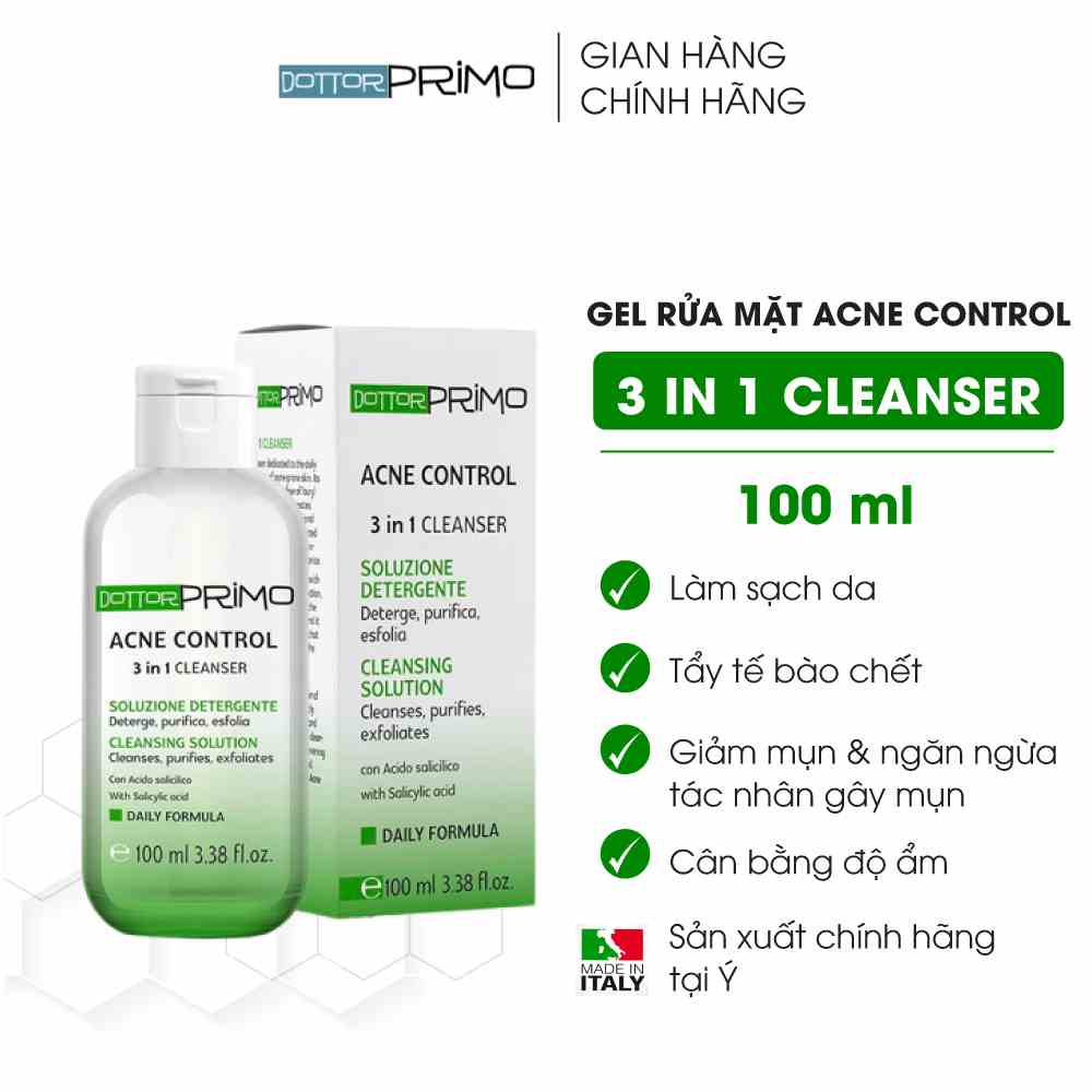 Gel Rửa Mặt Giảm Mụn Dottorprimo Acne Control 100ml 3 In 1 Cleanser - Sữa Rửa Mặt Giảm Mụn Dành Cho Mọi Loại Da