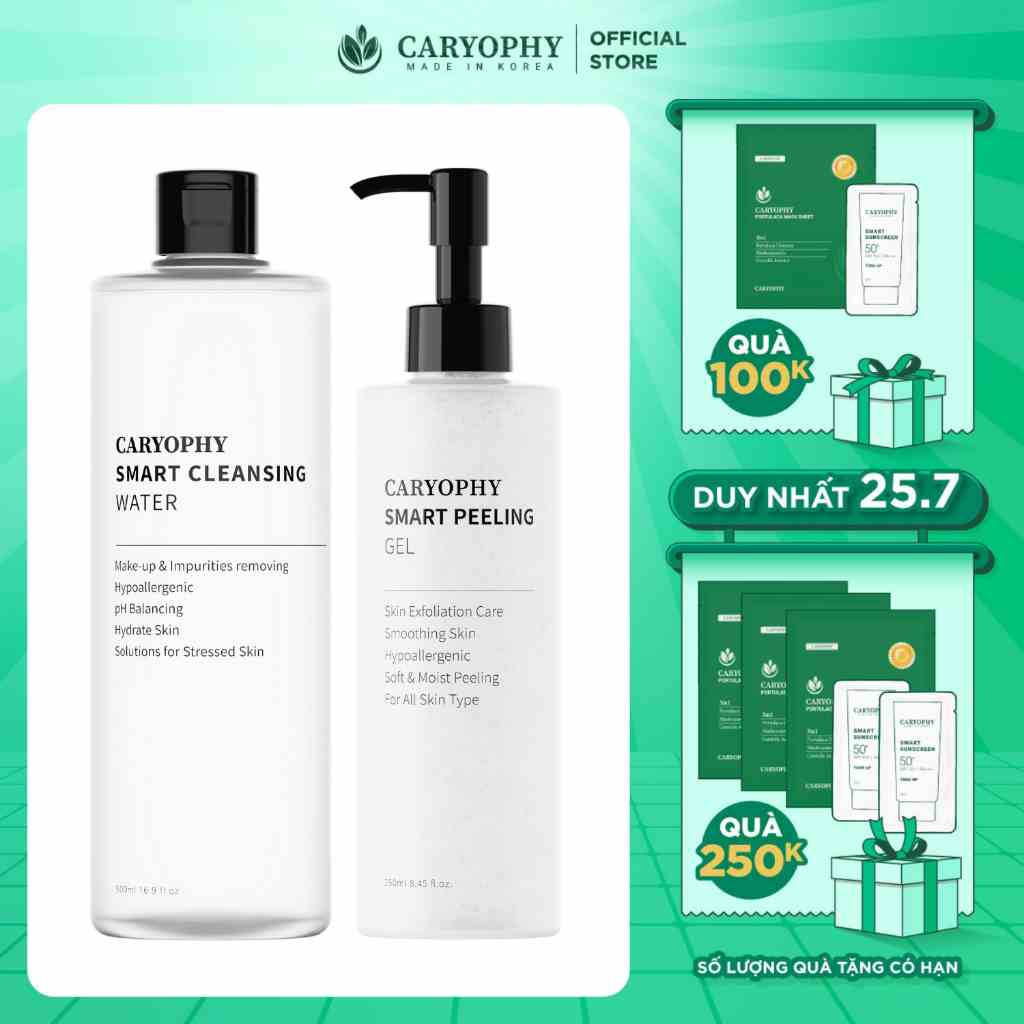 Combo tẩy trang 500ml và gel tẩy tế bào chết mặt 250ml Caryophy