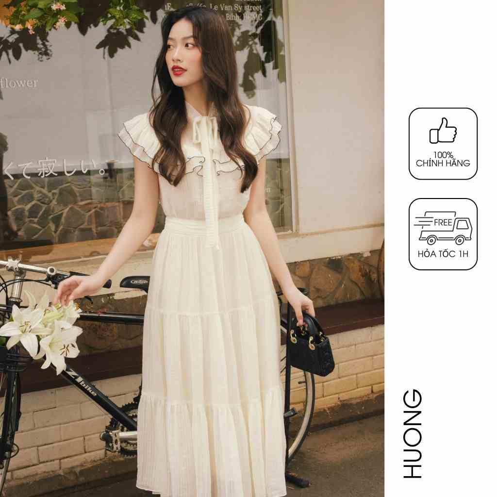 Set áo tơ giấy cổ nơ bèo vai và chân váy HUONG BOUTIQUE HBSM1072