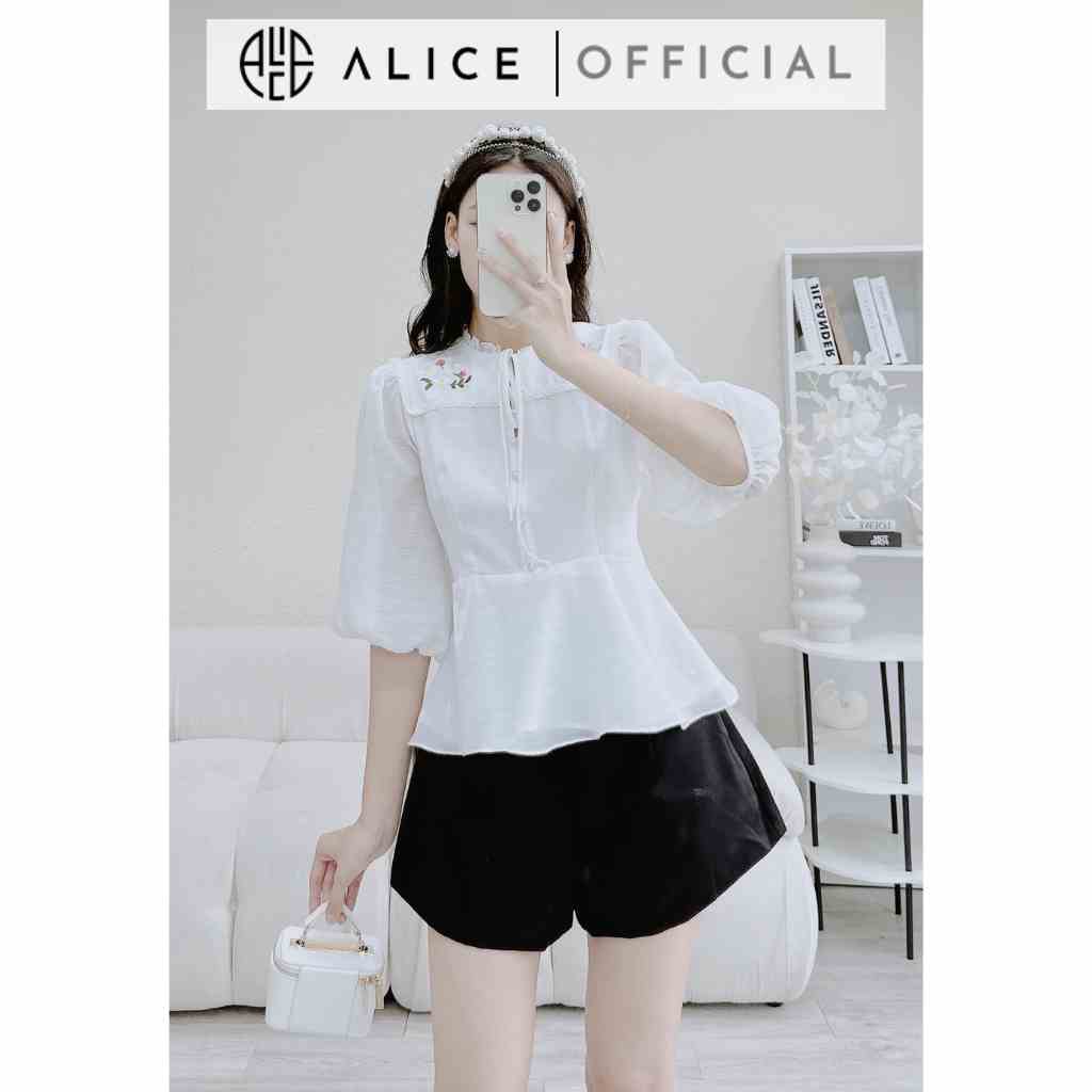 Áo Sơ Mi Tiểu Thư Cổ Bèo Thêu Hoa Nổi ALICE Tay Lỡ Đính Cúc Ngọc Sang Trọng Lịch Sự, Chất Tơ Nhật Mềm Mát Dễ Mặc A284