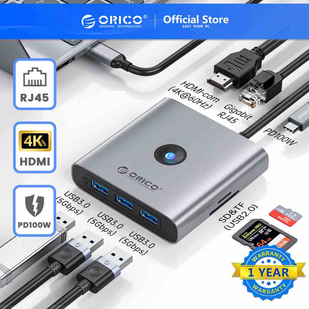 Orico HUB Chuyển Đổi USB Type C Sang 4K HDMI PD 100W RJ45 SD TF USB3.0 Cho MacBook Air Pro M1 M2 (Fx3)